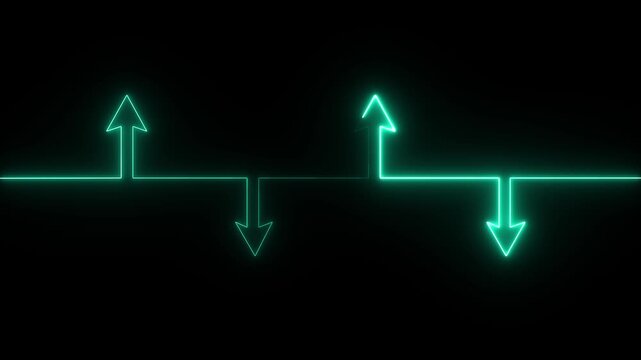 A vibrant green neon animation featuring up and down arrows moving along a continuous, glowing baseline, set against a dark background.