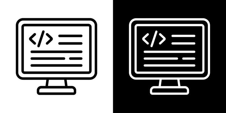 Computer monitor with programming code vector icon, software development, coding interface and web developer symbol