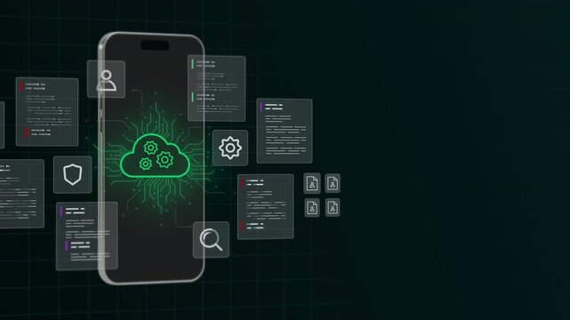 Modern mobile phone tracking smart cloud storage computing application data with floating interface grids.