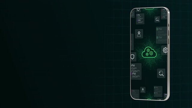 Dual smartphone display visualizing secure green cloud network system database and digital server data.