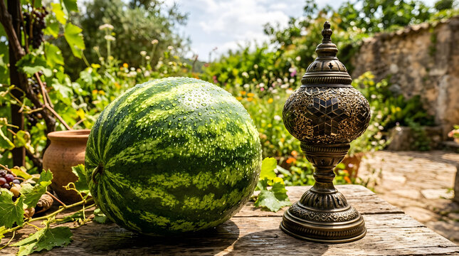 Ganga dussehra festive table with watermelon and ornate brass lamp