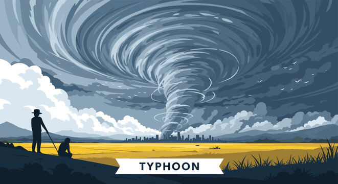 Massive typhoon tornado swirling over a body of water and heading toward a modern city skyline under a dark and stormy evening sky.