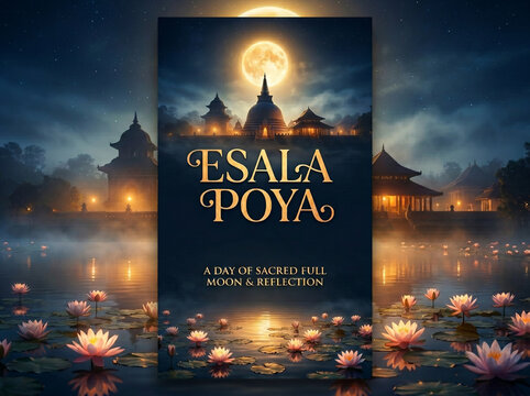 Esala Poya moon night with lotus flower reflections on a dark water surface used for religious templates and posters.