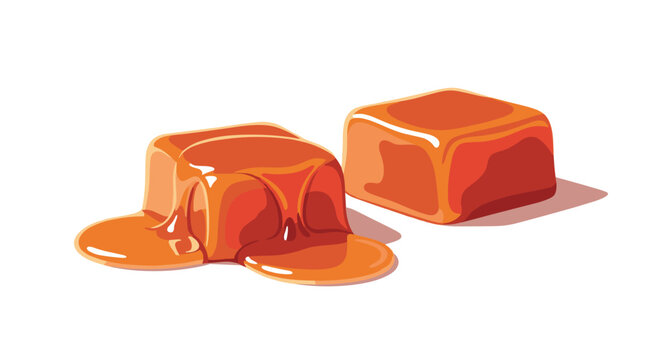 Two soft caramel candy pieces with one melting and dripping slowly onto the surface against a clean white background with shadows.