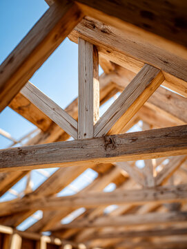 Detailed view of rustic wooden beams and trusses forming the structural framework of a roof under construction with clear blue sky background
