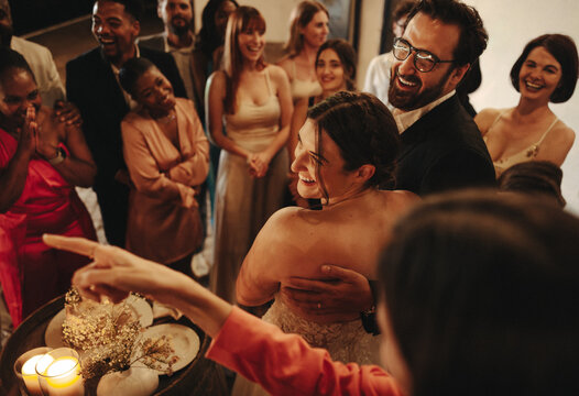 Happy wedding celebration with friends and family in an intimate setting
