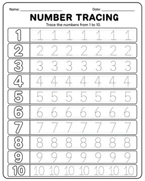 Number tracing worksheet for preschoolers, featuring numbers one to ten with dotted lines for handwriting practice