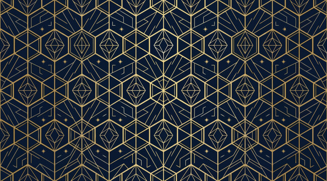 Art deco geometric seamless pattern with golden lines on a dark blue background