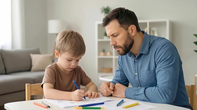Father teaching young son how to draw with colorful markers at home. Medium shot with slight camera tilting and panning.