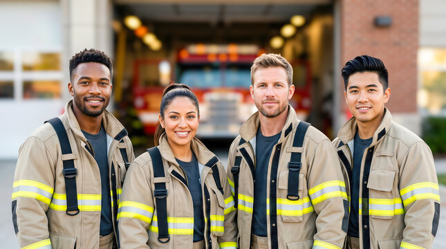 Firefighters in protective gear standing together outside a fire station, showcasing their uniforms and equipment with a fire truck visible in the background
