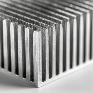 Detailed view of a silver aluminum heat sink with parallel fins designed for efficient cooling in electronic devices and computer components