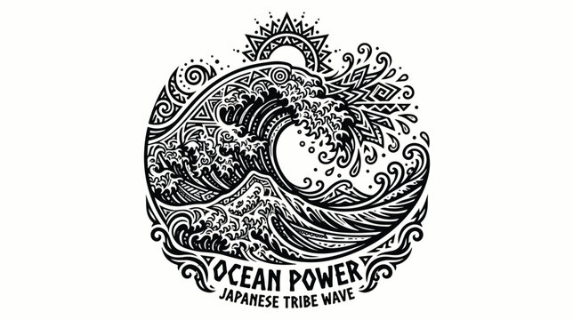 A black and white illustration of a powerful Japanese tribal wave with ocean power text on a clean white background