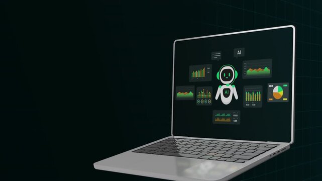 Side view of laptop computer running automated big data analytics with green AI chatbot interface display.