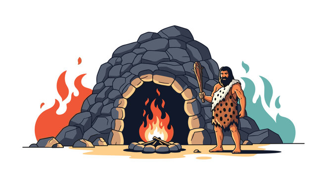 Prehistoric caveman holding a large wooden club stands guard outside his rocky cave dwelling with a burning fire pit and primeval flames.