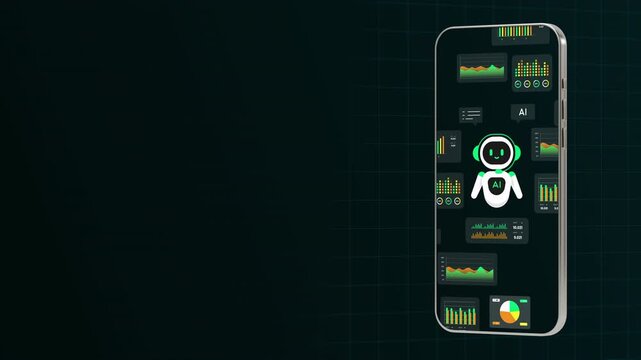 Dual vertical smartphone display visualizing green AI chatbot robot interface, network systems, and data analytics boards.