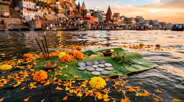 Ganga dussehra ritual with incense and flowers on the ganges river
