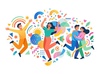 Fototapeta premium Modern abstract flat vector illustration of happiness and positive emotion using simplified human expression and dynamic geometric shapes