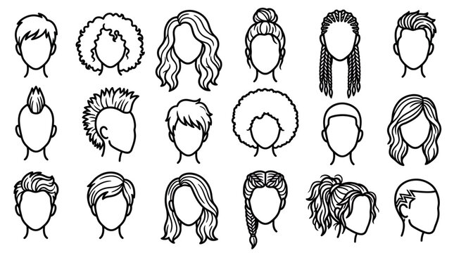 Collection of minimalist line art icons showing diverse male and female hairstyles on faceless head avatars, representing beauty salon branding while illustrating personal identity design