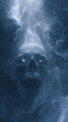 Obraz premium Dark and eerie digital art featuring glowing skulls emerging from swirling smoke against a shadowy background, evoking a mysterious and haunting atmosphere