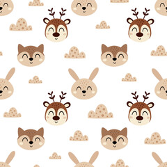 Obraz premium Cute animal faces seamless pattern. Woodland animal background. Catroon forest characters illustration. Kids vector repeat design.