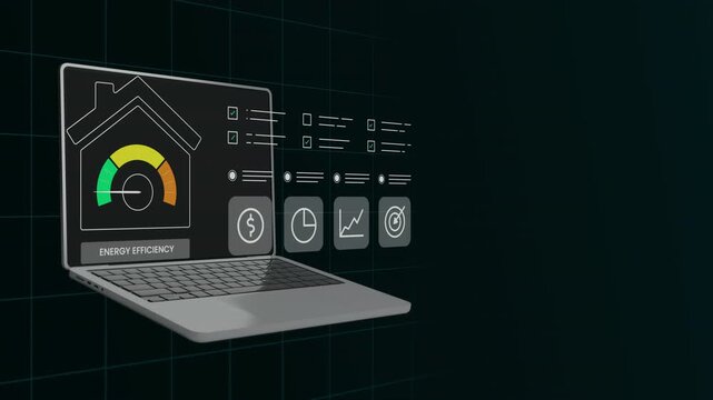 Open laptop computer showing glowing green smart home energy management dashboard and floating resource UI panels.