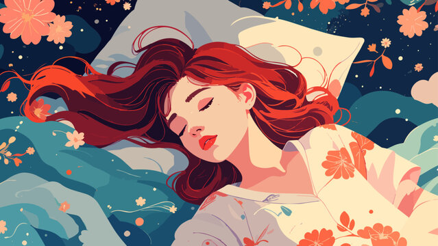 気持ちよく眠る女性の幻想的なイラスト_1920x1080px