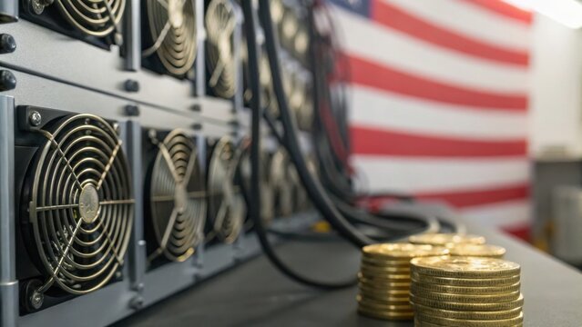 Cryptocurrency mining rig with cooling fans and stacked gold coins, symbolizing digital currency and blockchain technology, against a blurred American flag background.