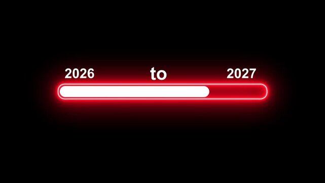 New year 2027 loading bar animation Neon line Year changing from 2026 to 2027. Loading bar from 2026 to 2027 new year transfer animation. Almost reaching New Year 4k animated.