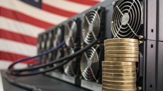 Stacked cryptocurrency coins beside a row of cooling fans on a cryptocurrency mining rig with an American flag in the background.