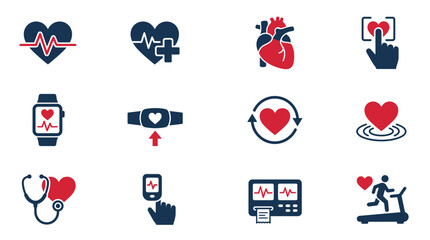 Fototapeta premium Cardiology and Health Icons: Heart, ECG, Stethoscope, Smartwatch, Running