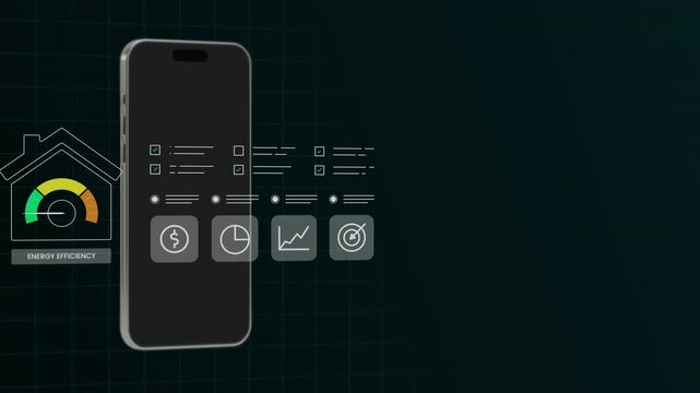 Mobile phone tracking smart home energy efficiency parameters, house automation metrics, and eco saving data charts.
