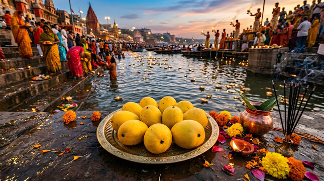 Ganga dussehra festival ritual with mango offerings at holy river