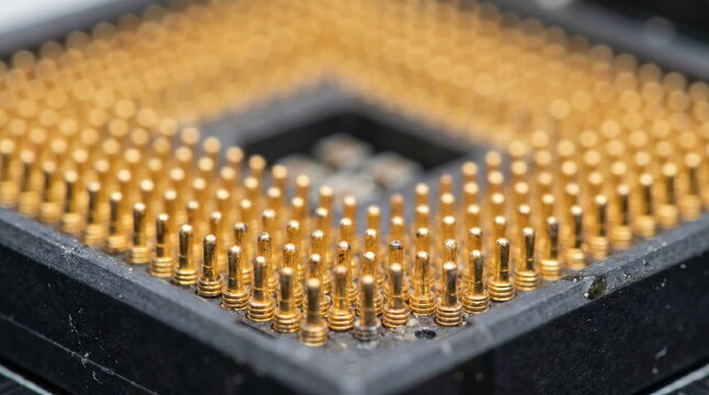 Extreme macro view of gold plated contact pins inside a computer processor socket for semiconductor chip installation