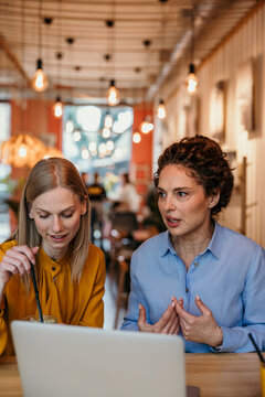 Women discussing business ideas using laptop in cafe