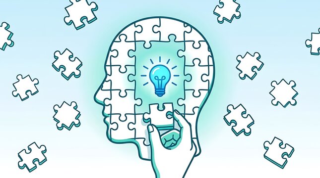 Puzzle pieces coming together to form a lightbulb in a head