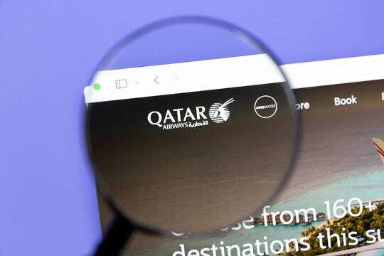 Ostersund, Sweden - June 5, 2026: Qatar Airways website. Qatar Airways operates a hub-and-spoke network, with 170 international routes from its base at Hamad International Airport.