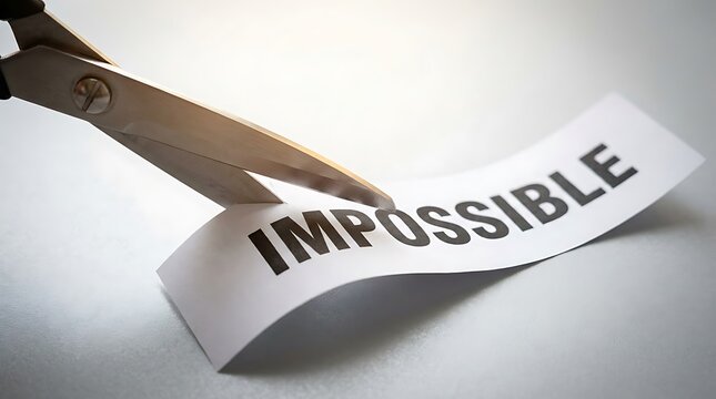 Scissors cutting through an impossible sign on white background