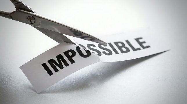 Closeup of scissors cutting through an impossible sign on white background