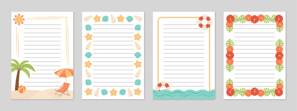 Set of summer themed A4 frame templates with beach scenery, seashells, ocean waves, tropical flowers, float rings. Perfect for invitations, stationery, posters, worksheets, and scrapbook designs.