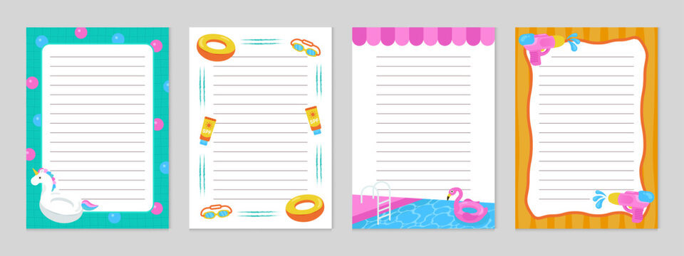 Set of 4 pool party A4 frame templates with unicorn float, flamingo ring, sunscreen, poolside decor, and water guns. Perfect for stationery, invitations, flyers, and summer party designs.