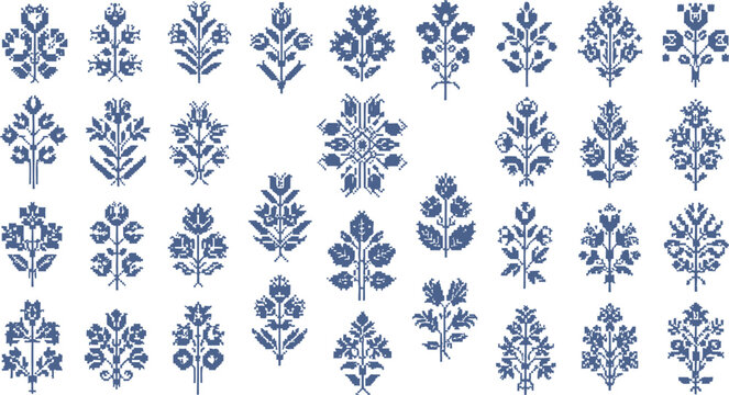 Set of forty unique blue floral folk art style motifs featuring detailed botanical silhouettes for traditional embroidery or textile pattern design elements