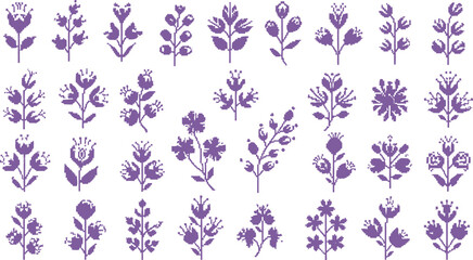 Assorted purple pixel art flower and berry motifs for cross stitch and embroidery digital design projects featuring organic plant silhouettes in a clean grid layout © HexaFrame