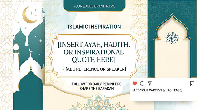 Islamic Inspiration Template for Social Media Post with Mosque Silhouette and Golden Moon for Religious Quotes Design