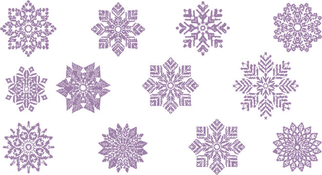 Set of purple pixel art snowflake motifs for winter holiday designs and digital craft projects featuring intricate geometric patterns and festive snowy shapes