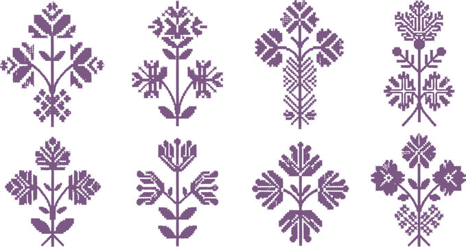 Collection of purple pixel art symmetrical floral motifs for traditional embroidery and cross stitch patterns featuring intricate geometric plant shapes