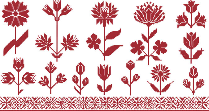 Collection of red pixel art flowers and decorative floral borders for traditional cross stitch and embroidery patterns featuring folk style plant motifs