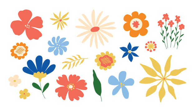 Spring and summer bright flowers set. Naive art. Hand-drawn blossoms, doodles, icons. Botanical floral drawing. Vecor isolated on white.