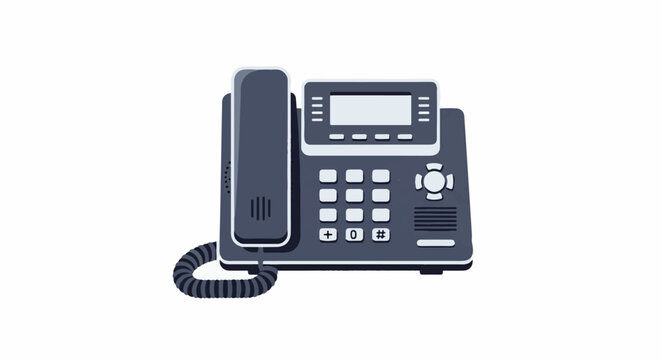 Modern grey digital office telephone with handset and keypad on white background