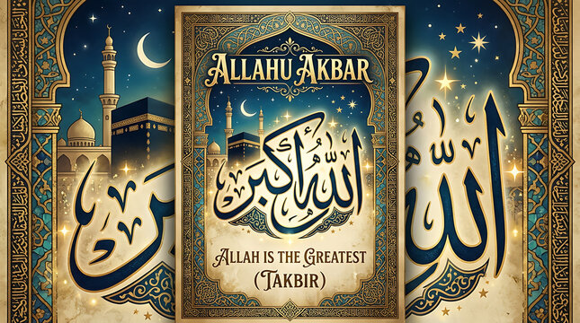 Allahu Akbar Takbir Calligraphy Art with Kaaba and Mosque for Islamic Religious Greeting Card Poster Design