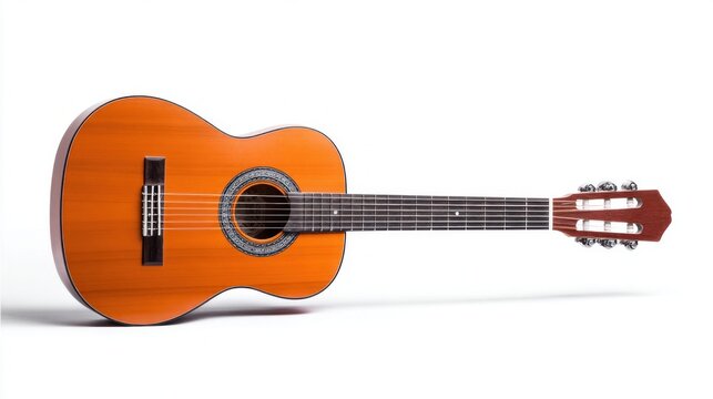 Acoustic guitar with a warm wooden finish and six strings, isolated on white